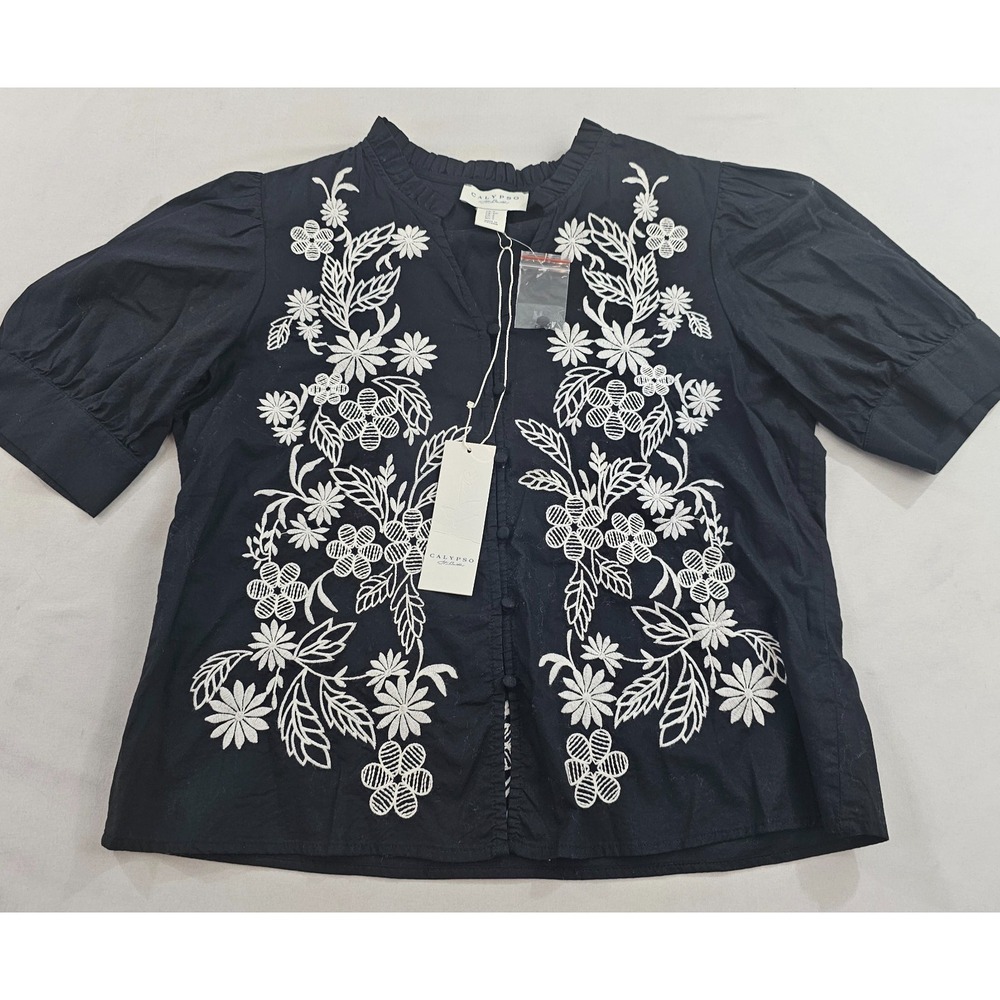 Calypso St Barth Womens Small Black White Cotton Floral Embroidered Blouse Top